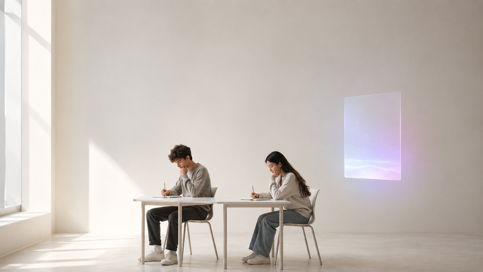 Two students writing by hand at a table in a bright, minimal room, with a faint glowing screen on the far wall.